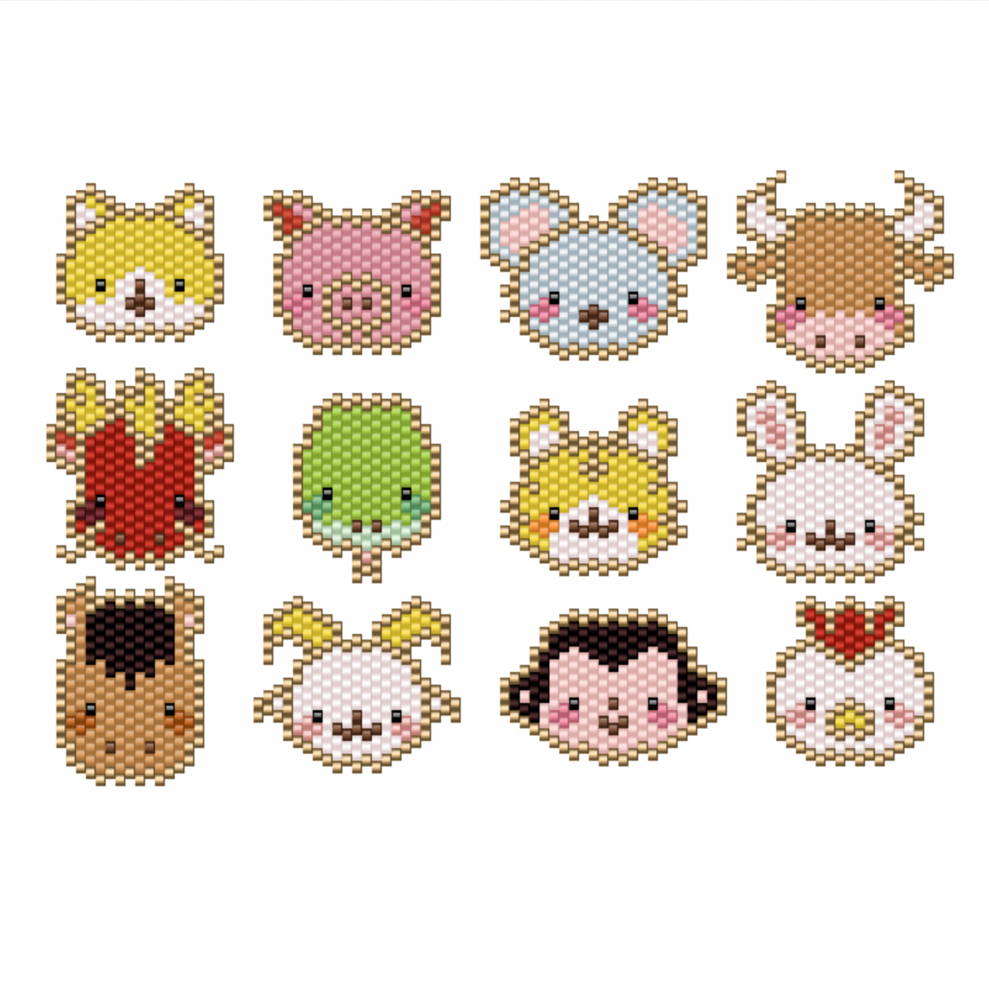 Set of 12 Chinese Zodiac Signs Diagrams