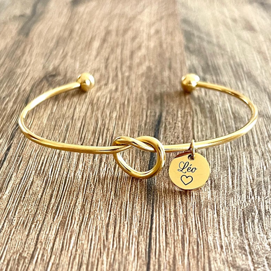 Personalized heart knot bangle and medal bracelet