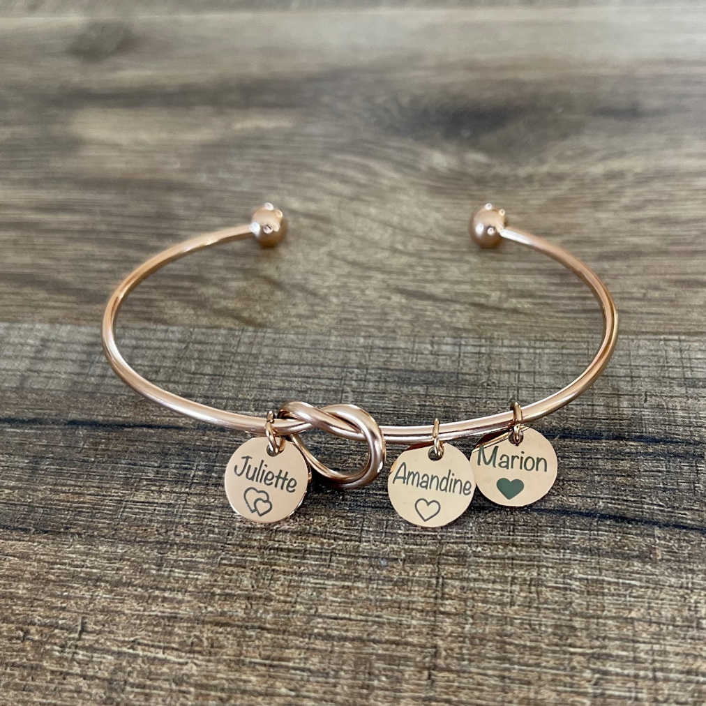 Personalized heart knot bangle and medal bracelet