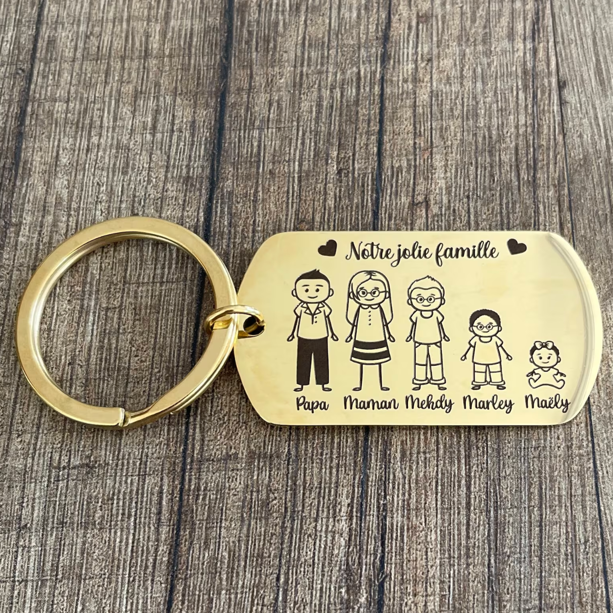 Personalized engraved family key ring in stainless steel metal