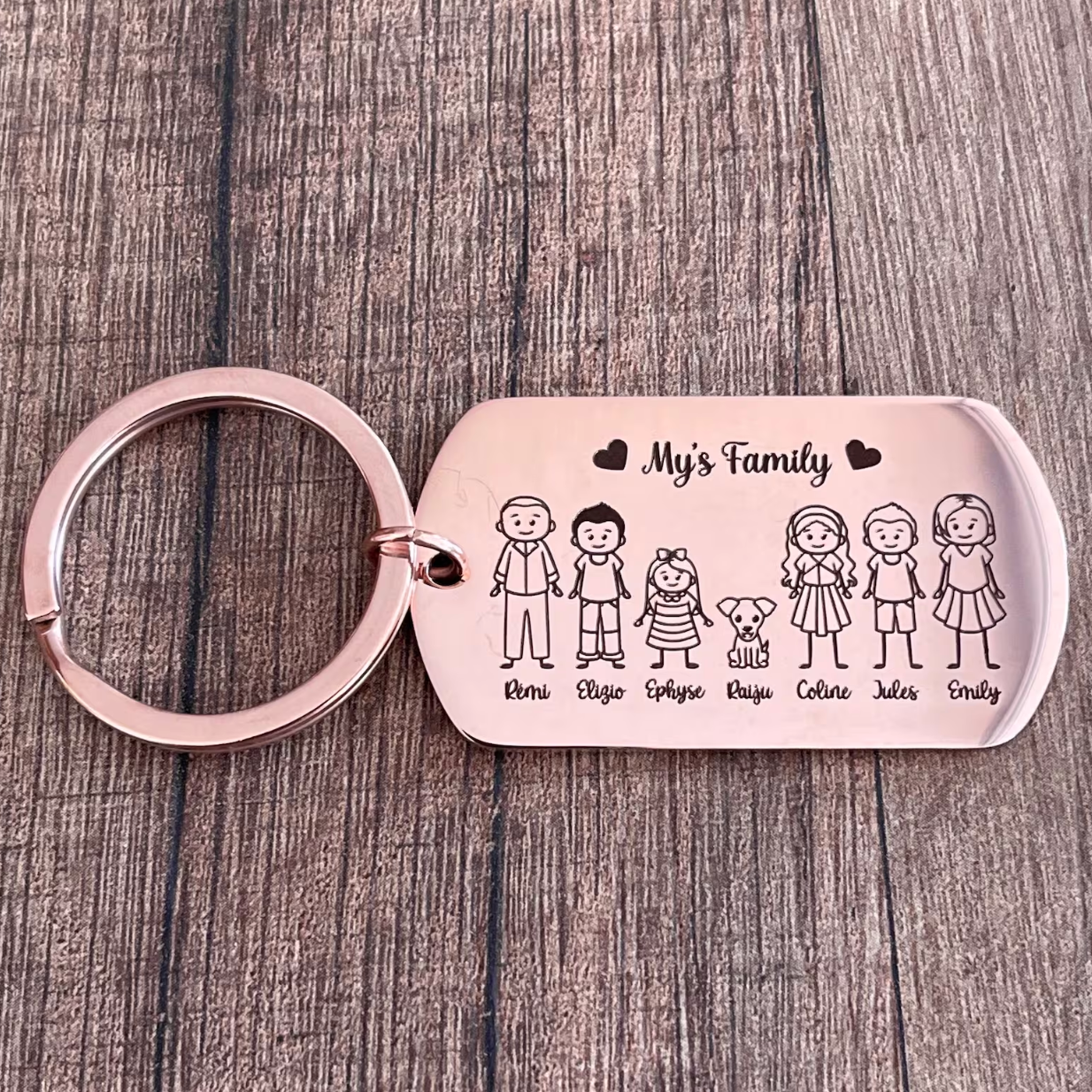 Personalized engraved family key ring in stainless steel metal