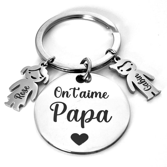 Personalized key ring with children in mirrored stainless steel